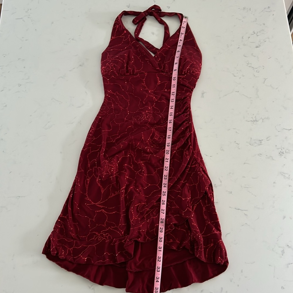 Mariposa Red Sparkly Halter Mini-Dress, V-neck. Size Small - Picture 9 of 13